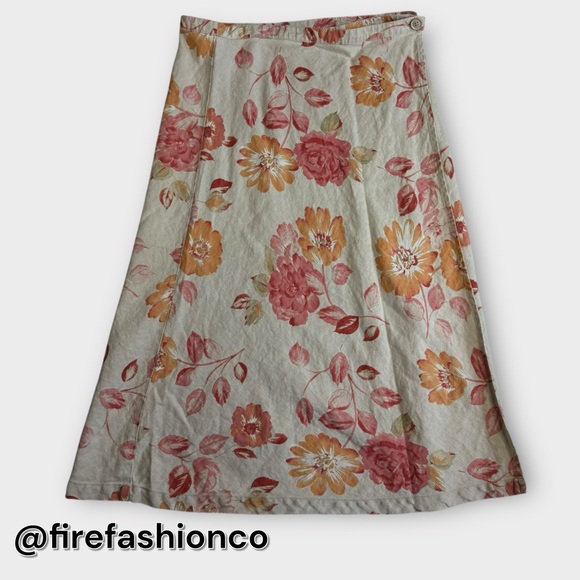 Eddie Bauer Dresses & Skirts - Eddie Bauer Floral A-Line Linen Skirt Large 12 Boho Hippie Tan Red Orange Fall